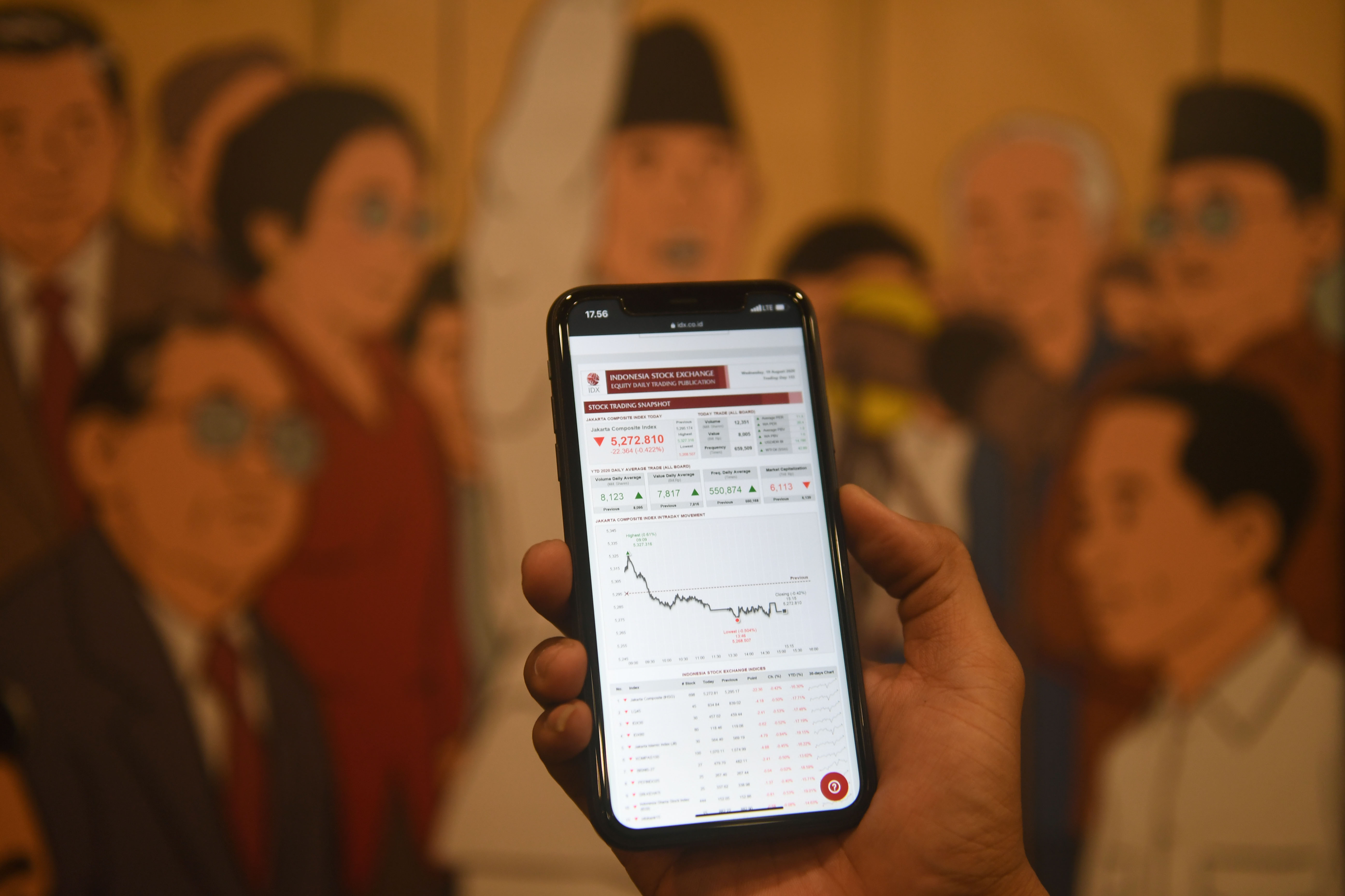 Pekerja memperlihatkan pergerakan Indeks Harga Saham Gabungan (IHSG) melalui gawainya di Jakarta, Rabu (19/8)