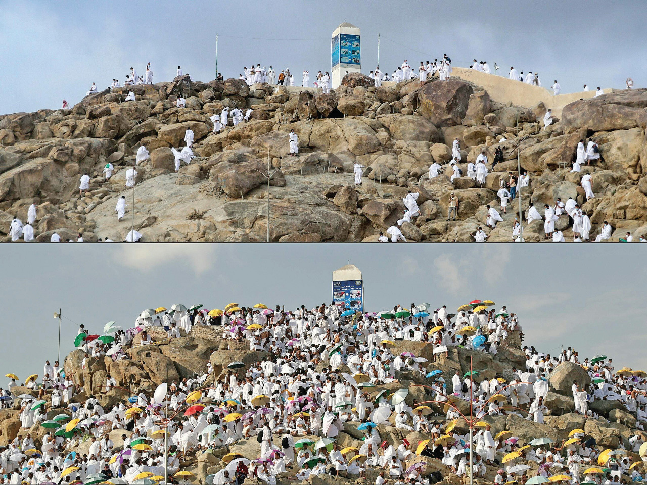 Jemaah haji melaksanakan wukuf di Jabal Al-Rahmah, Padang Arafah, saat ibadah haji 2020 dan sebelum pandemi covid-19..