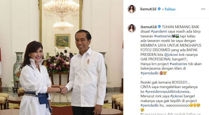 Tangkapan layar dari akun Instagram @ikemuti16 yang menampilkan artis sinetron Ike Muti dengan Presiden Joko Widodo.  