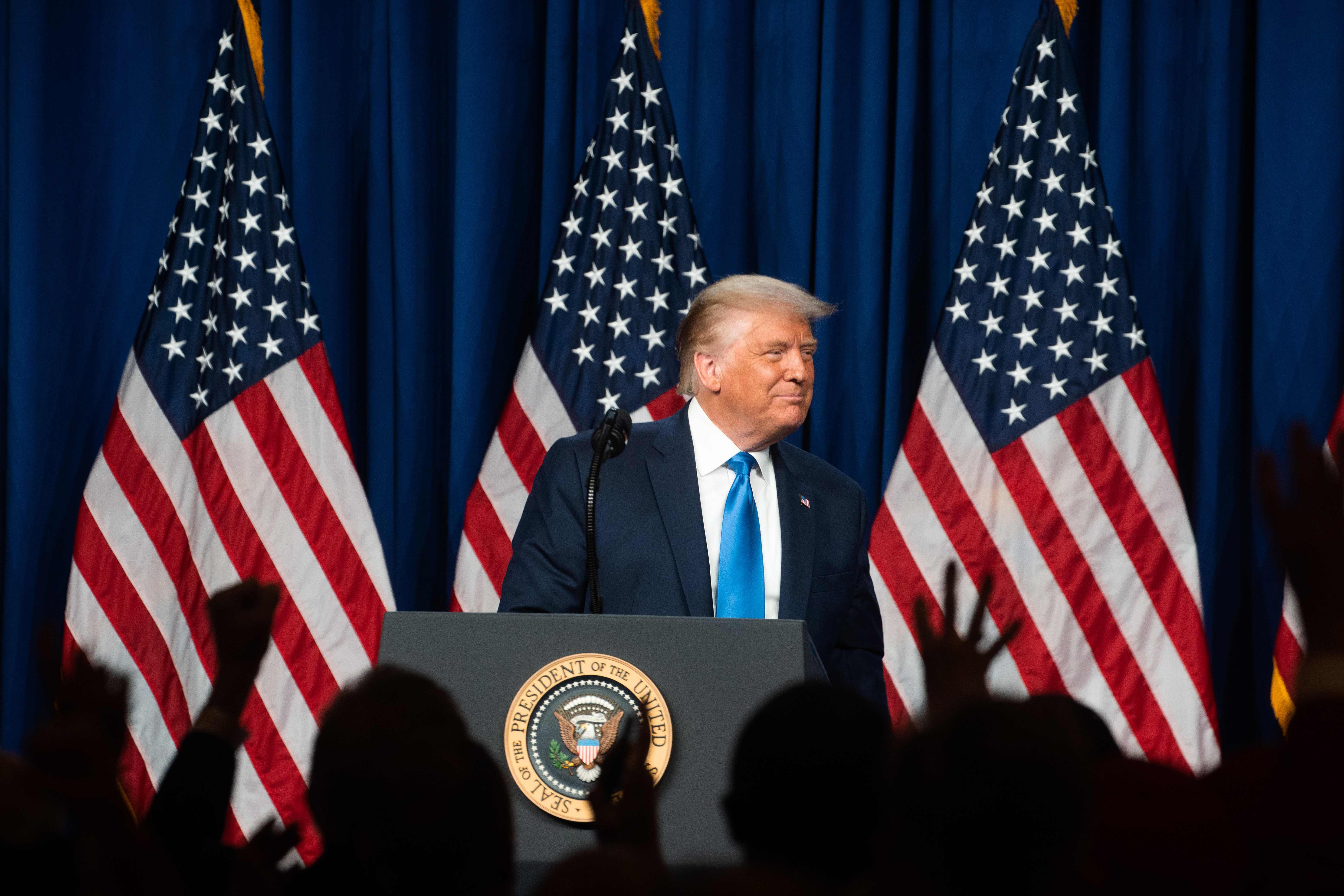 Presiden AS Donald Trump saat berpidato di acara konvensi nasional Partai Republik di Charlotte, North Carolina, Senin (24/8/2020)