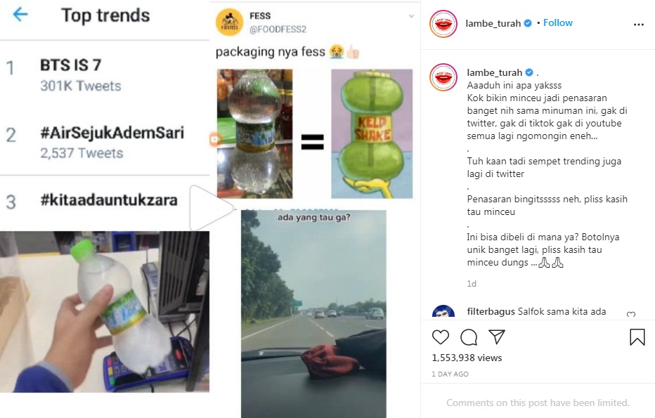 Para netizen atau warganet di Twitter menyamakan botol minuman ini dengan, minuman Kelp Shake dari serial animasi SpongeBob SquarePants.