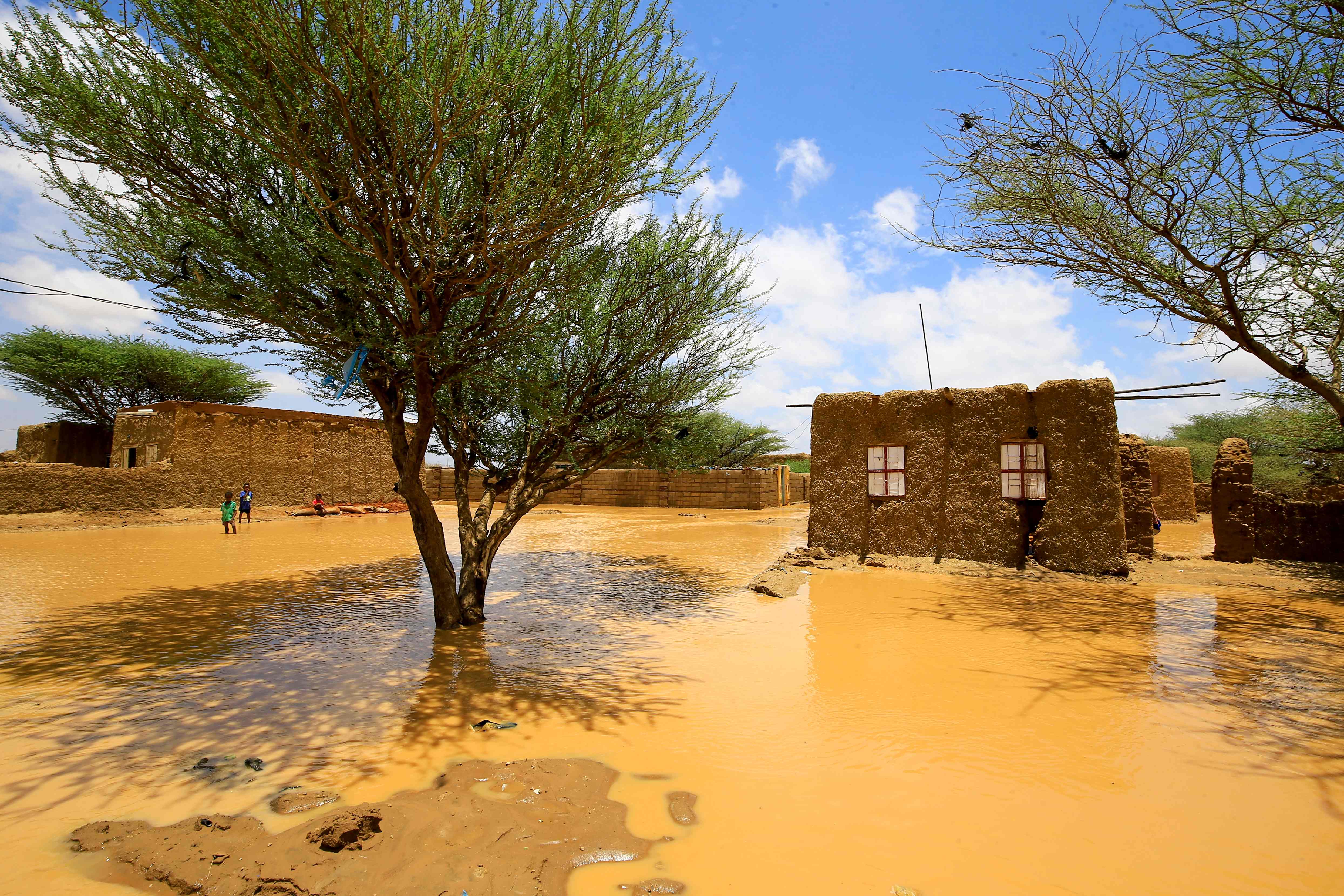 Anak-anak di tengah banjir di Umm Dawan Ban, Sudan (2/8/2020)