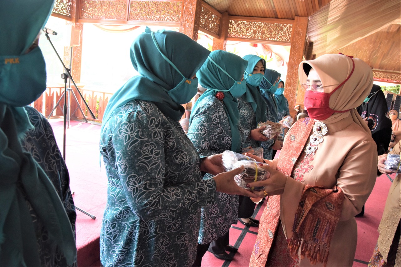 Bupati Purwakarta Anne Ratna Mustika memberikan masker kepada para penggerak PKK di Kabupaten Purwakarta untuk dibagikan ke masyarakat.