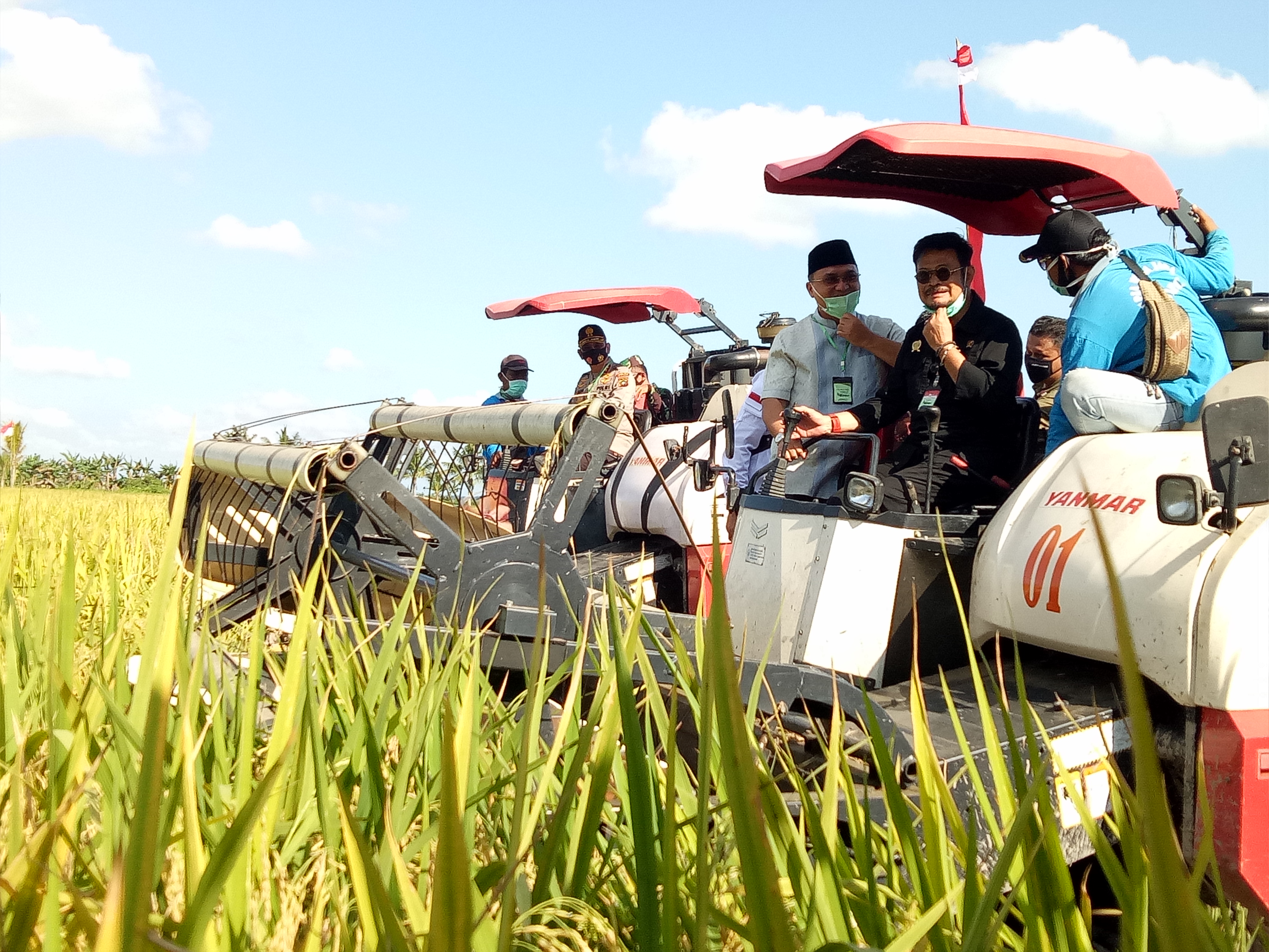 Menteri Pertanian Syahrul Yasin Limpo menaiki alat pemanen padi saat panen padi perdana di Desa Rias, Bangka Selatan, Babel, kemarin.