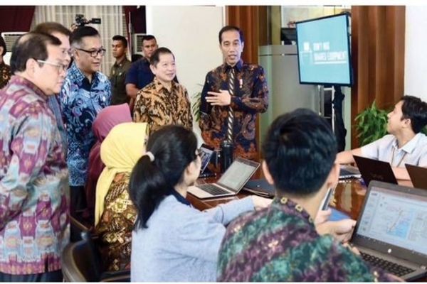 Presiden RI Joko Widodo dan Menteri PPN/Kepala Bappenas Suharso Monoarfa meninjau pelaksanaan Flexiwork dan Integrated Digital Workplace 