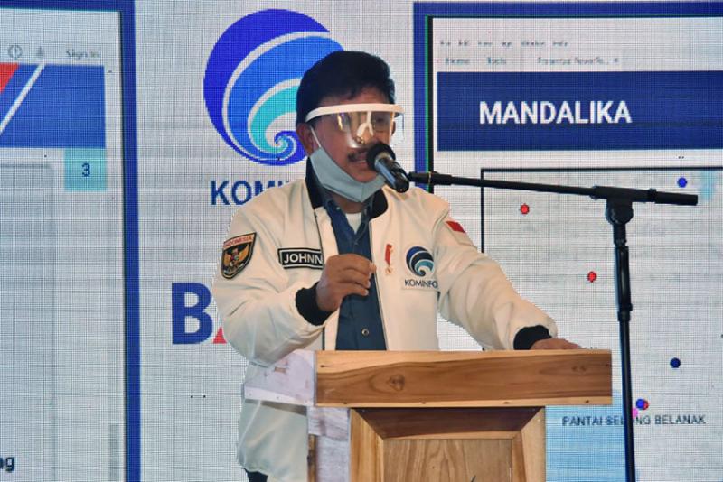 Menkominfo Johnny G. Plate ketika membuka Rapat Koordinasi Dukungan Pembangunan Infrastruktur Telekomunikasi di i Lombok Tengah, NTB..