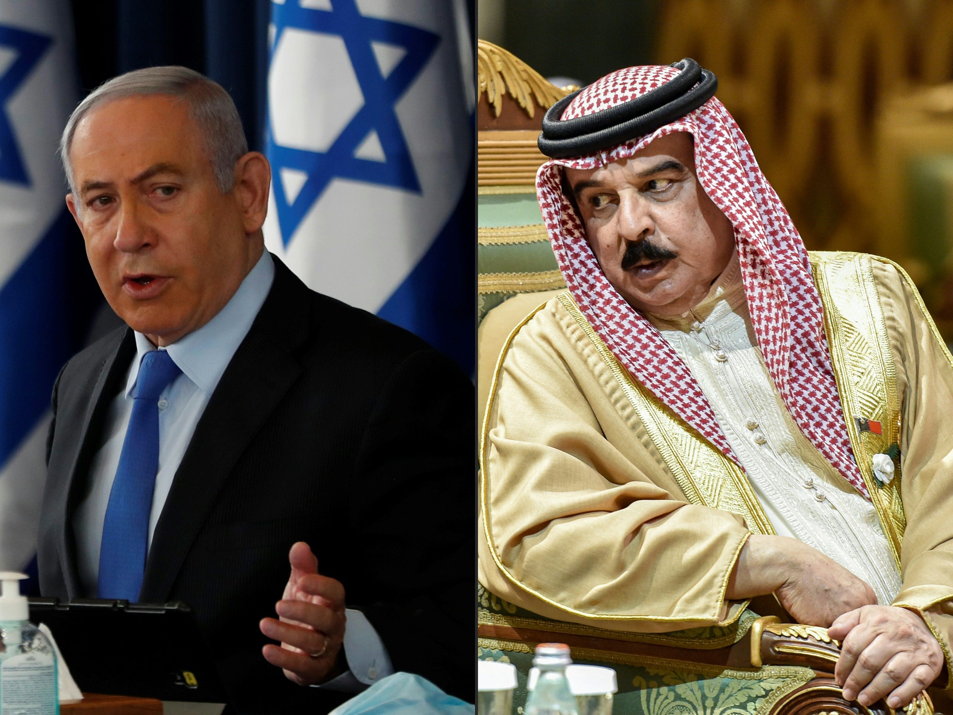 Foto kombinasi yang menampilkan Perdana Menteri Israel Benjamin Netanyahu (kiri) dan Raja Bahrain Hamad bin Isa Al Khalifa