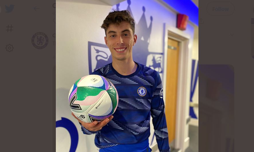 Kai Havertz usai mencetak hattrick dalam laga Piala Liga melawan Barnsley.