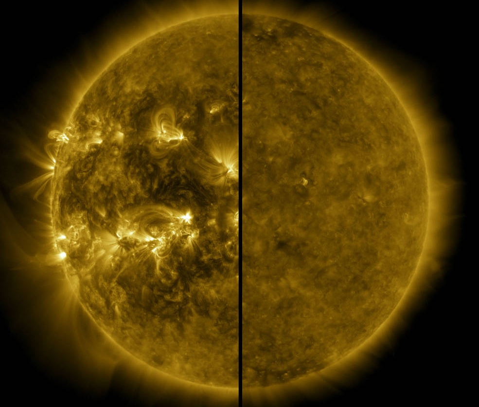 Sebelah kiri adalah Matahari di puncak siklus (April 2014); sebelah kanan adalah Matahari di akhir siklus (Desember 2019).