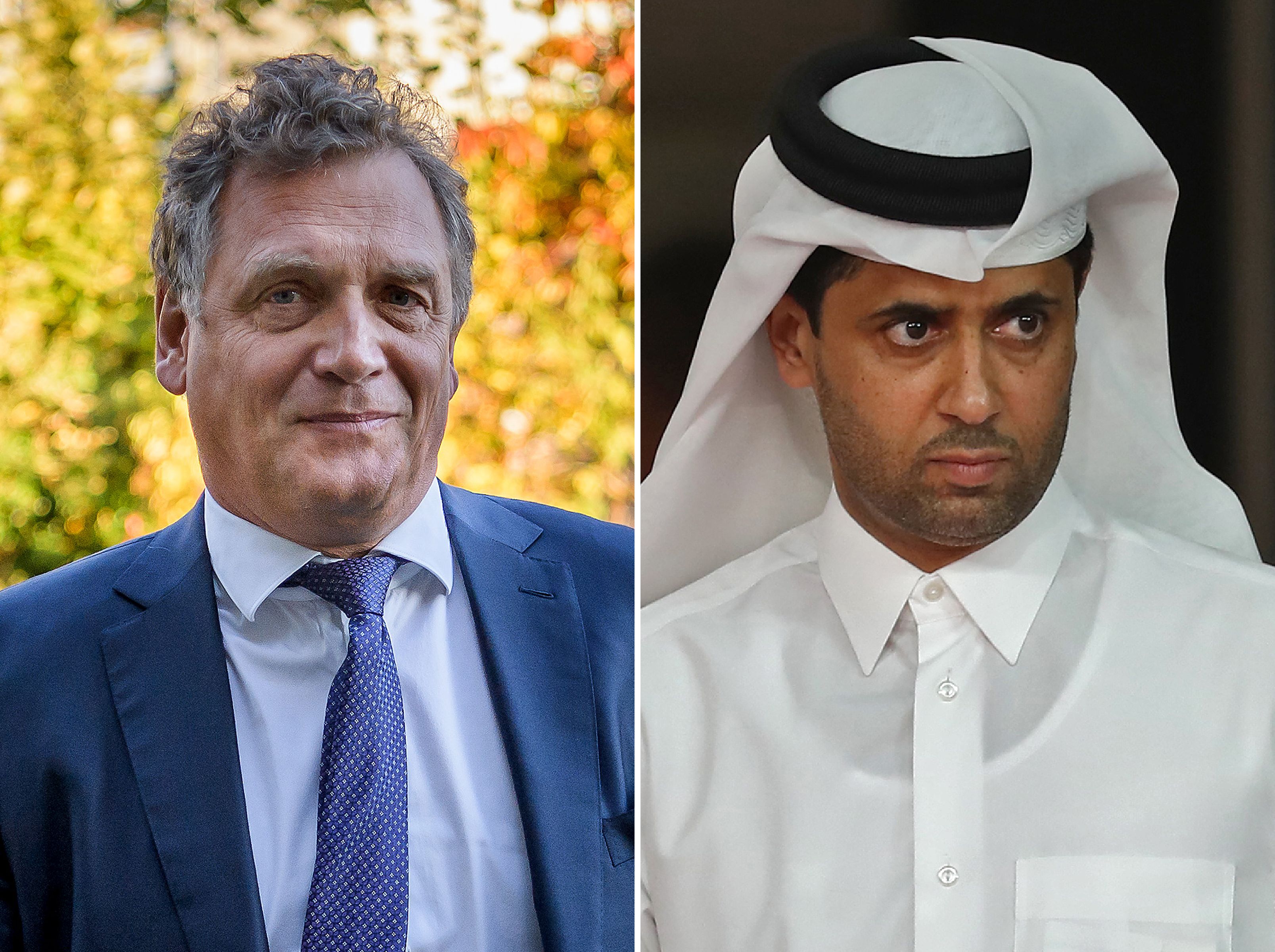 Foto kombinasi yang menampilkan mantan Sekjen FIFA Jerome Valcke (kiri) dan Presiden PSG Nasser Al-Khelaifi.