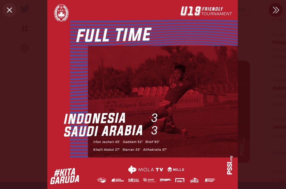 Timnas U-19 bermain imbang 3-3 melawan Arab Saudi.
