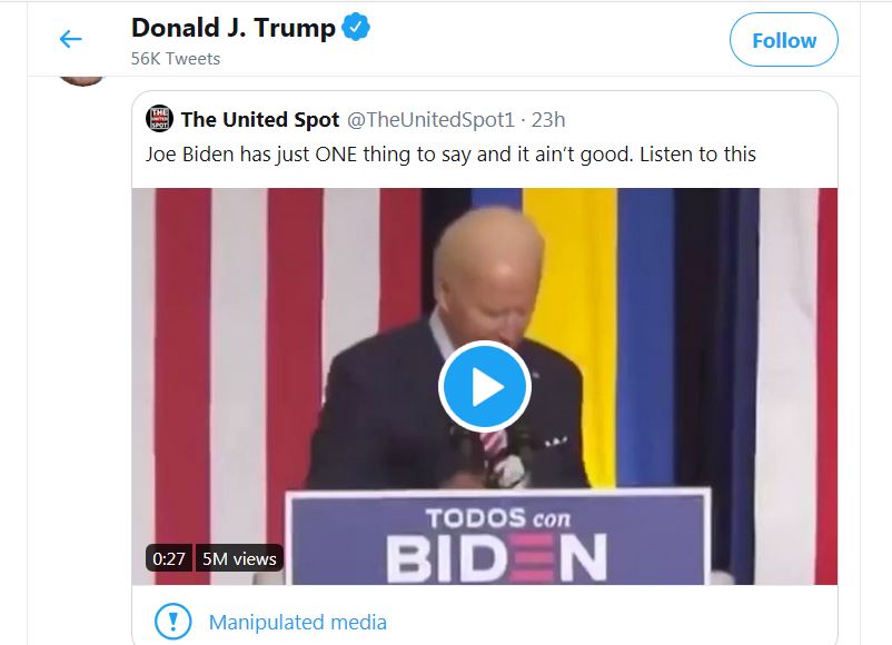 Tangkapan layar cicitan Donald Trump yang ditandai oleh Twitter.