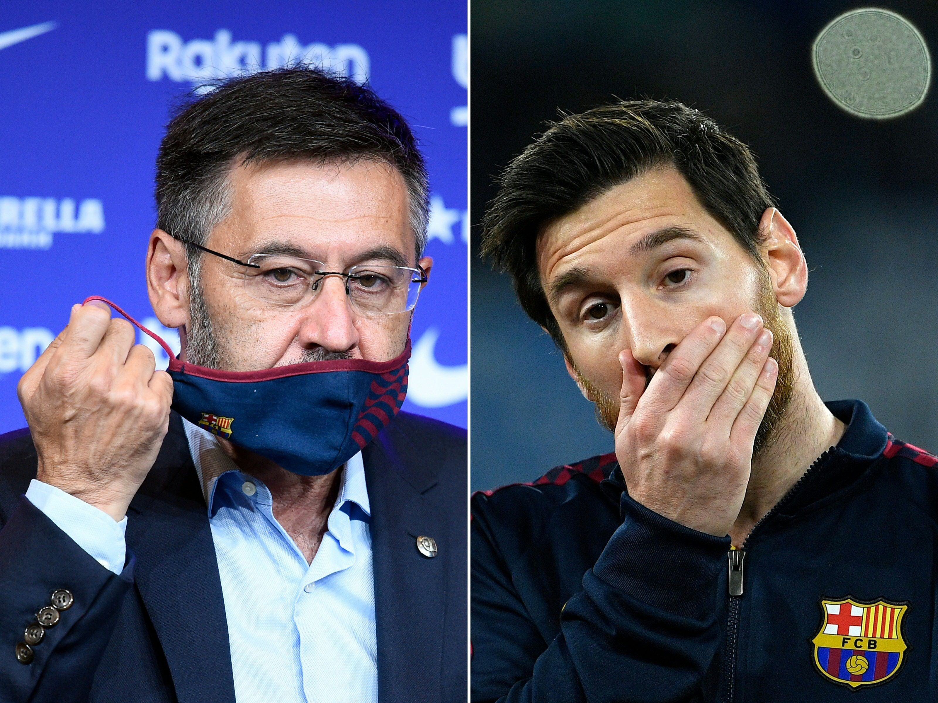 Josep Maria Bartomeu (kiri), Lionel Messi (kanan). Kombinasi foto file yang dibuat pada 5 September 2020.