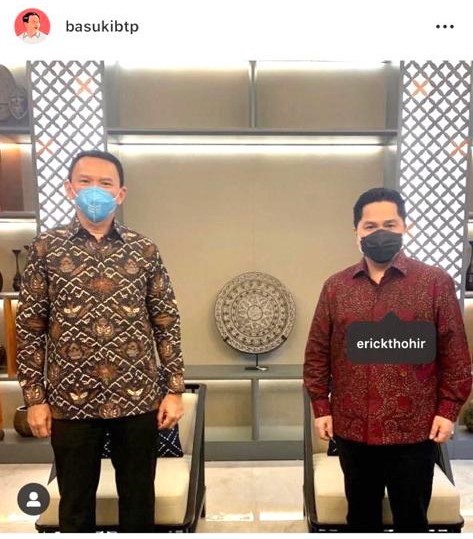 Komisaris Utama Pertamina Basuki Tjahaja Purnama (kiri) temui Menteri BUMN Erick Thohir