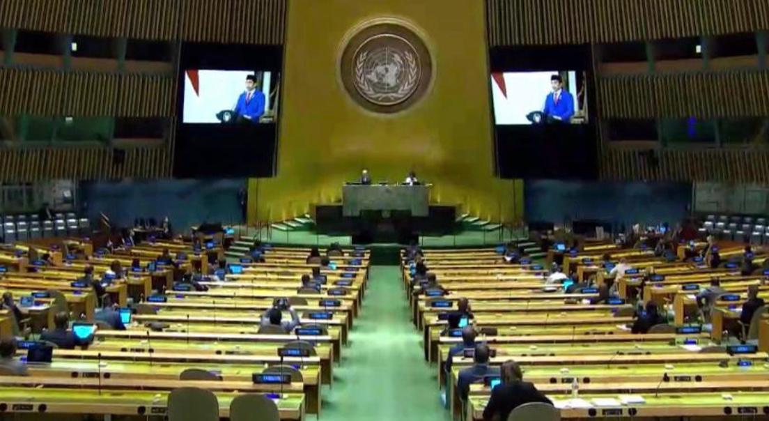 Presiden Joko Widodo saat berpidato di Sidang Majelis Umum PBB, Rabu (23/9) WIB.