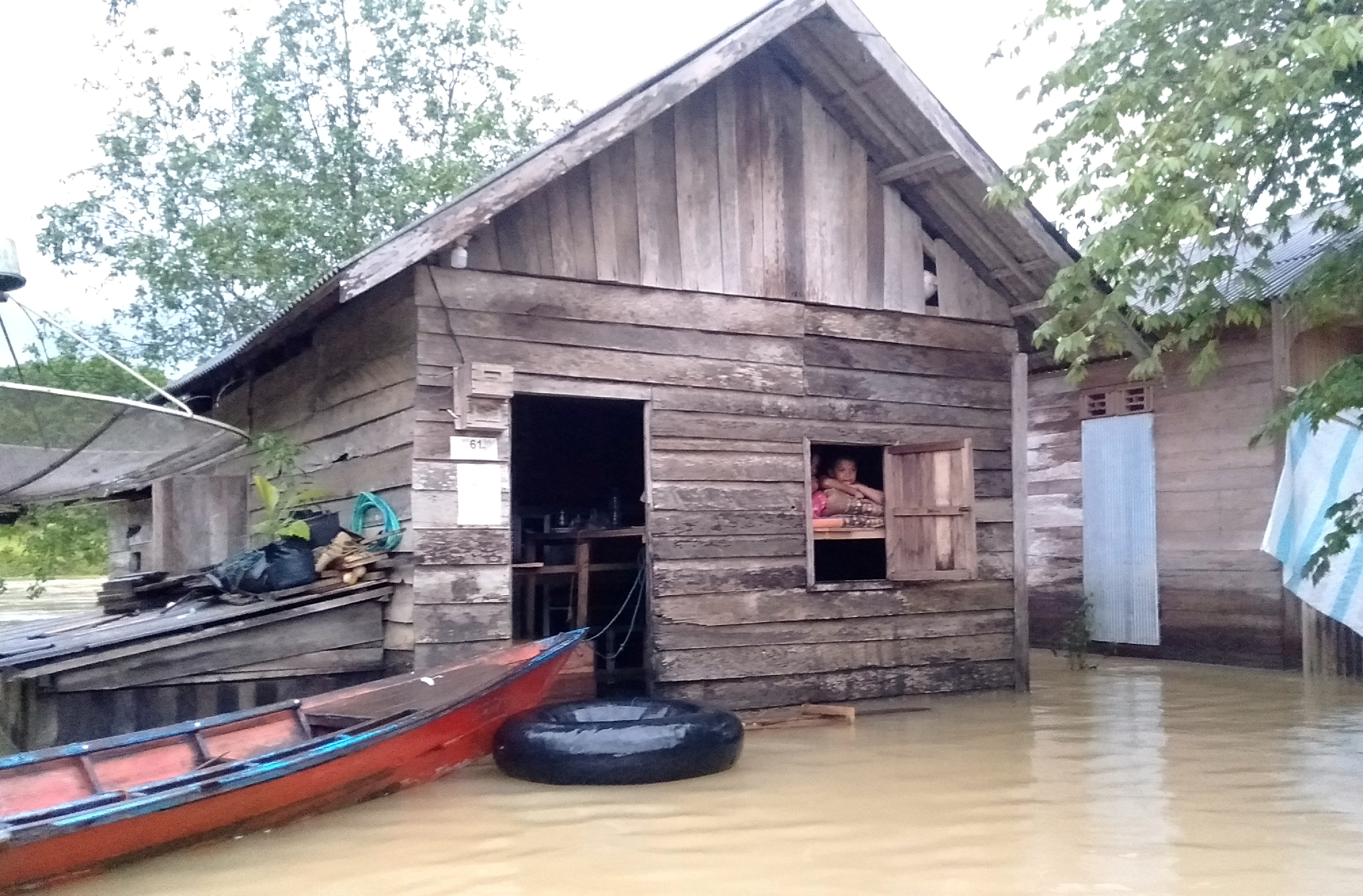 Seorang warga tetap bertahan di rumahnya saat banjir di Desa Sinar Bulan, Kabupaten Tanah Bumbu, Kalimantan Selatan, kemarin.