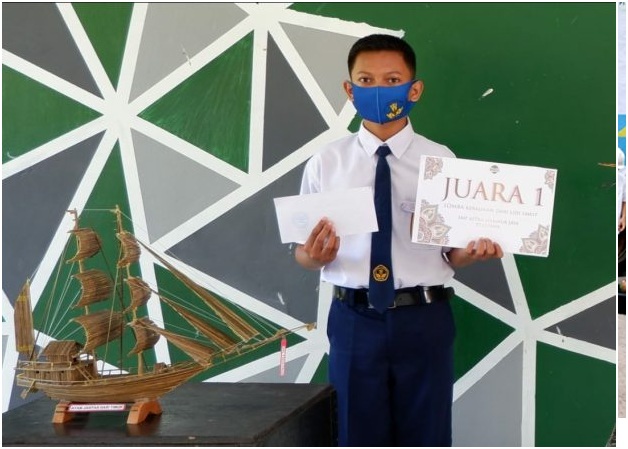 Dial Faqih Fauzi dari SMP Astra Makmur Jaya meraih juara dengan kreasi kapal phinisi dari lidi kelapa sawit.  