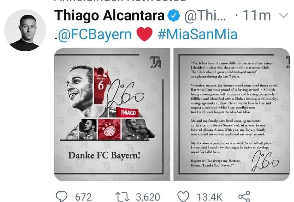 Ucapan perpisahan Thiago Alcantara kepada Bayern Muenchen