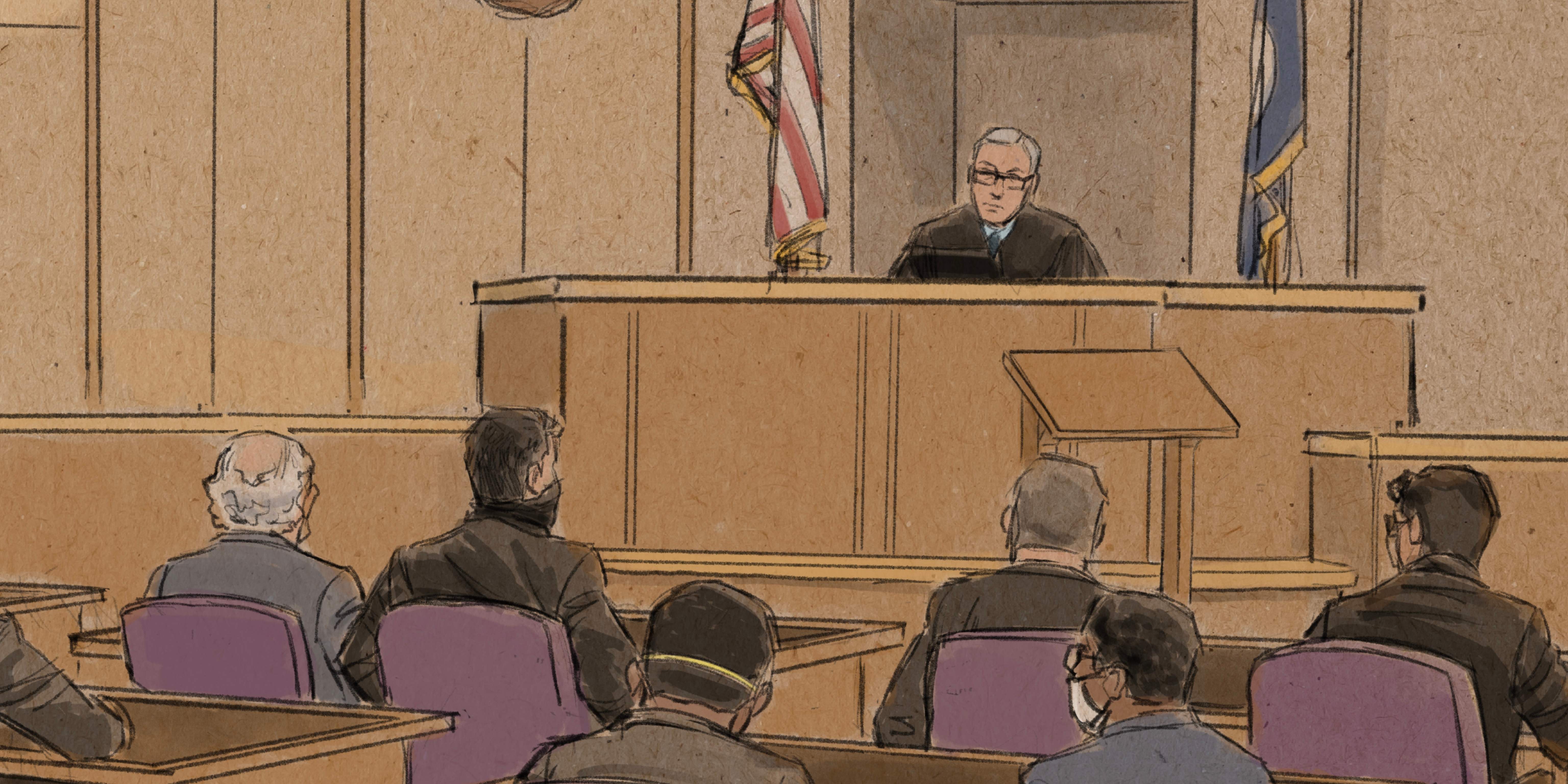 Ilustrasi memperlihatkan empat polisi yang bertanggung jawab atas kematian George Floyd dihadirkan di pengadilan Minneapolis.