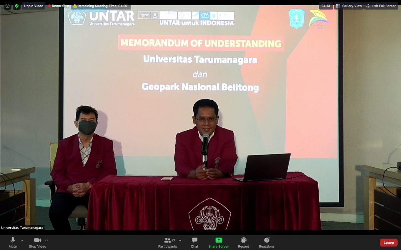 Untar dan beberapa perguruan tinggi menjalin kerja sama dengan Badan Pengelola Geopark Belitong yang diwujudkan dalam penandatanganan MoU.