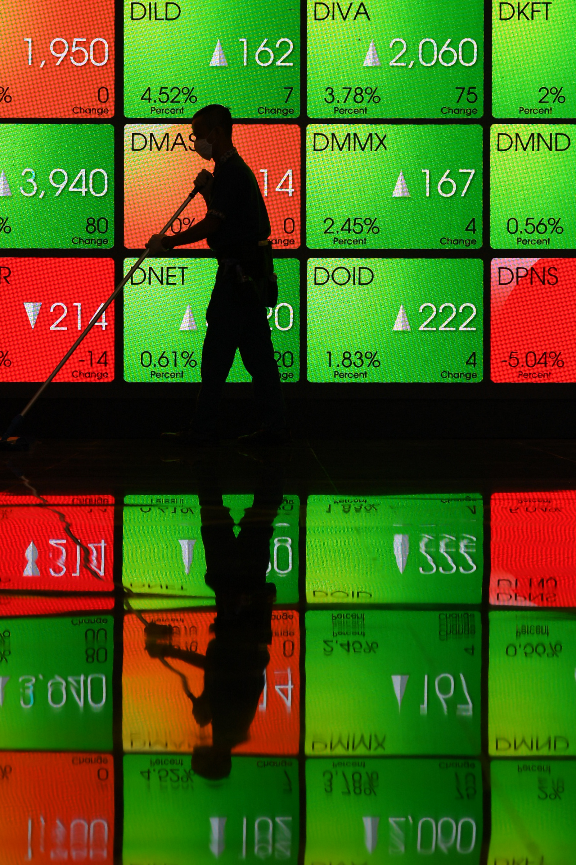 Petugas kebersihan melintas di depan layar pergerakan Indeks Harga Saham Gabungan (IHSG) di Bursa Efek Indonesia, Jakarta, Jumat (25/9/2020)