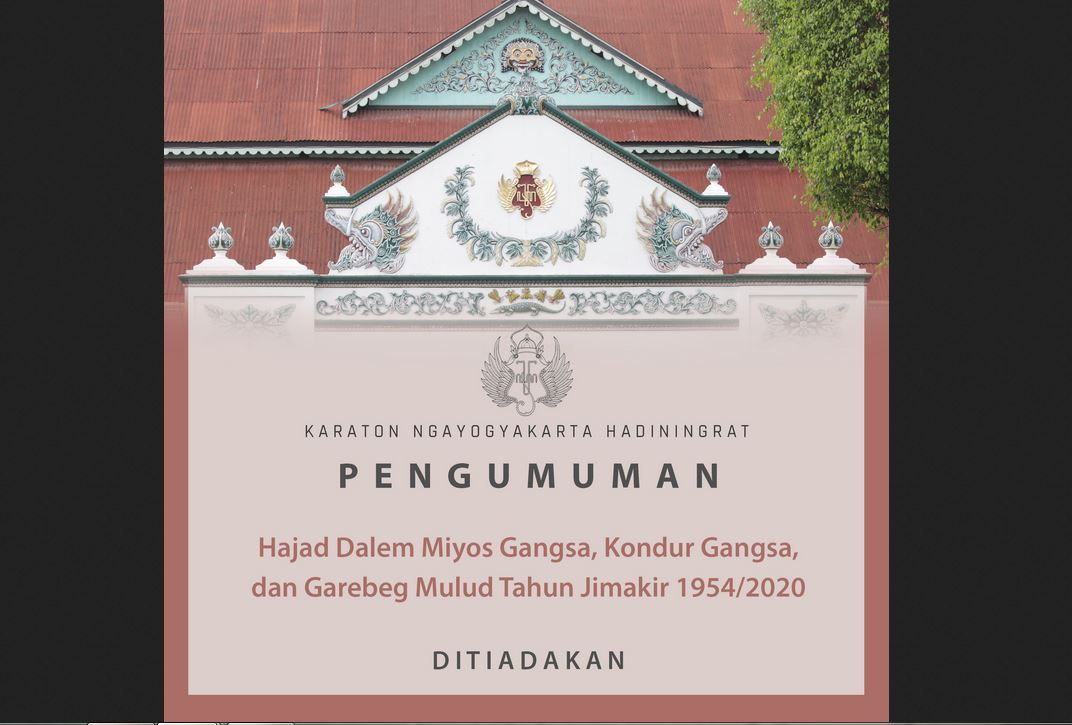 Pengumuman peniadaan sejumlah rangkaian Sekaten oleh Keraton Yogyakarta.
