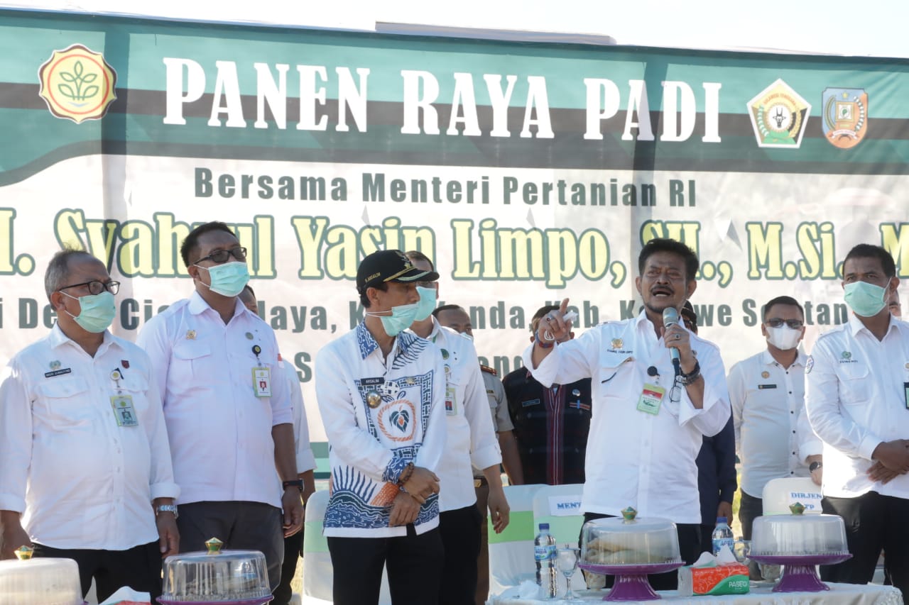 Mentan Syahrul Yasin Limpo, didampingi Plt Bupati Konawe Selatan Arsalim Arifin melakukan panen raya padi di Desa Cialam Jaya. 