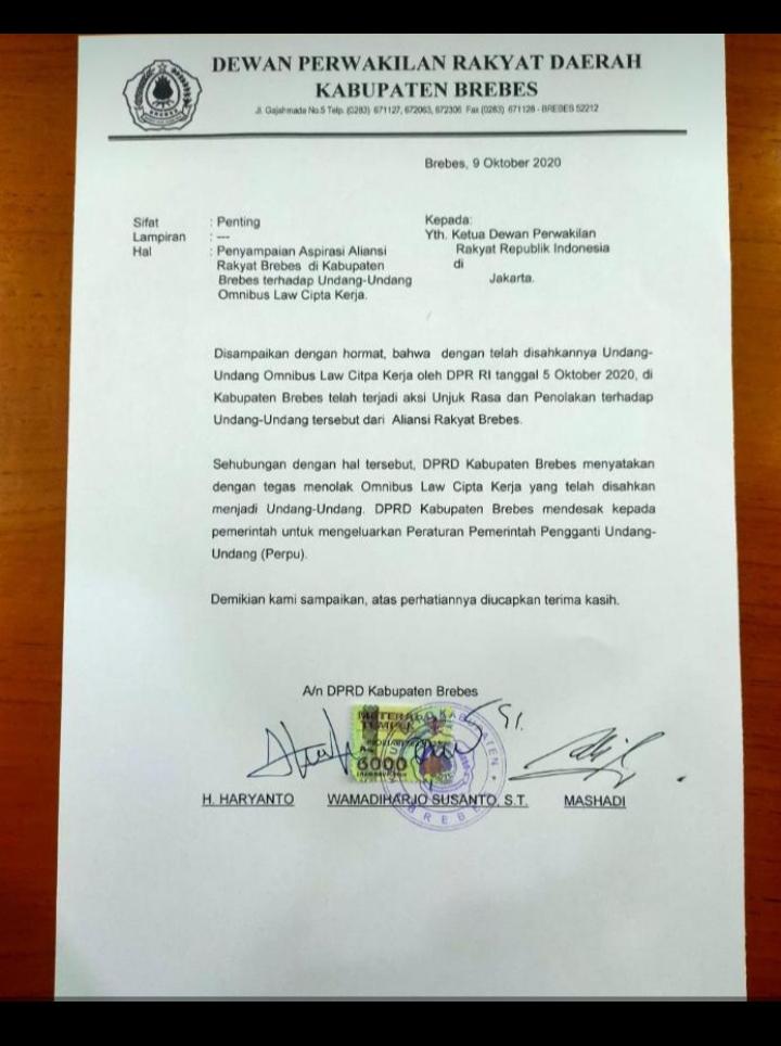 DPRD Kabupaten Brebes layangkan surat aspirasi penolakan UU Cipta Kerja ke DPR-RI