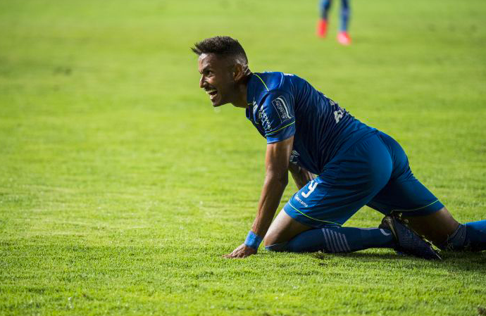 Pesepak bola Persib Bandung Wander Luiz Queiroz Dias (kanan) memperagakan gaya harimau seusai memasukan gol ke gawang PSS Sleman. 