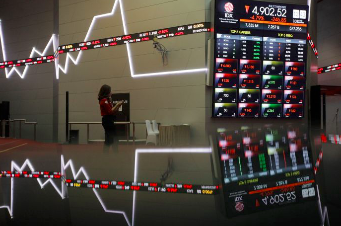 Karyawan mengamati layar pergerakan perdagangan saham di Bursa Efek Indonesia, Jakarta, Kamis (10/9/2020).