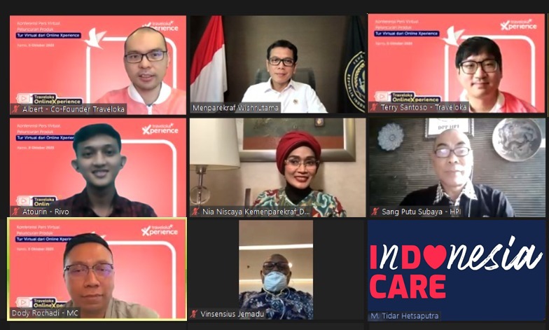  Menteri Pariwisata dan Ekonomi Kreatif Republik Indonesia, Wishnutama (tengah atas) saat jumpa pers secara virtual.
