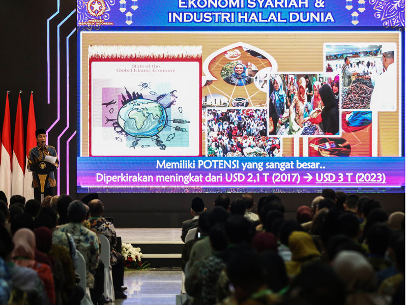 Presiden Joko Widodo memaparkan potensi industri halal dalam sambutan saat peluncuran Rencana Induk Ekonomi Syariah Indonesia (2019-2024)