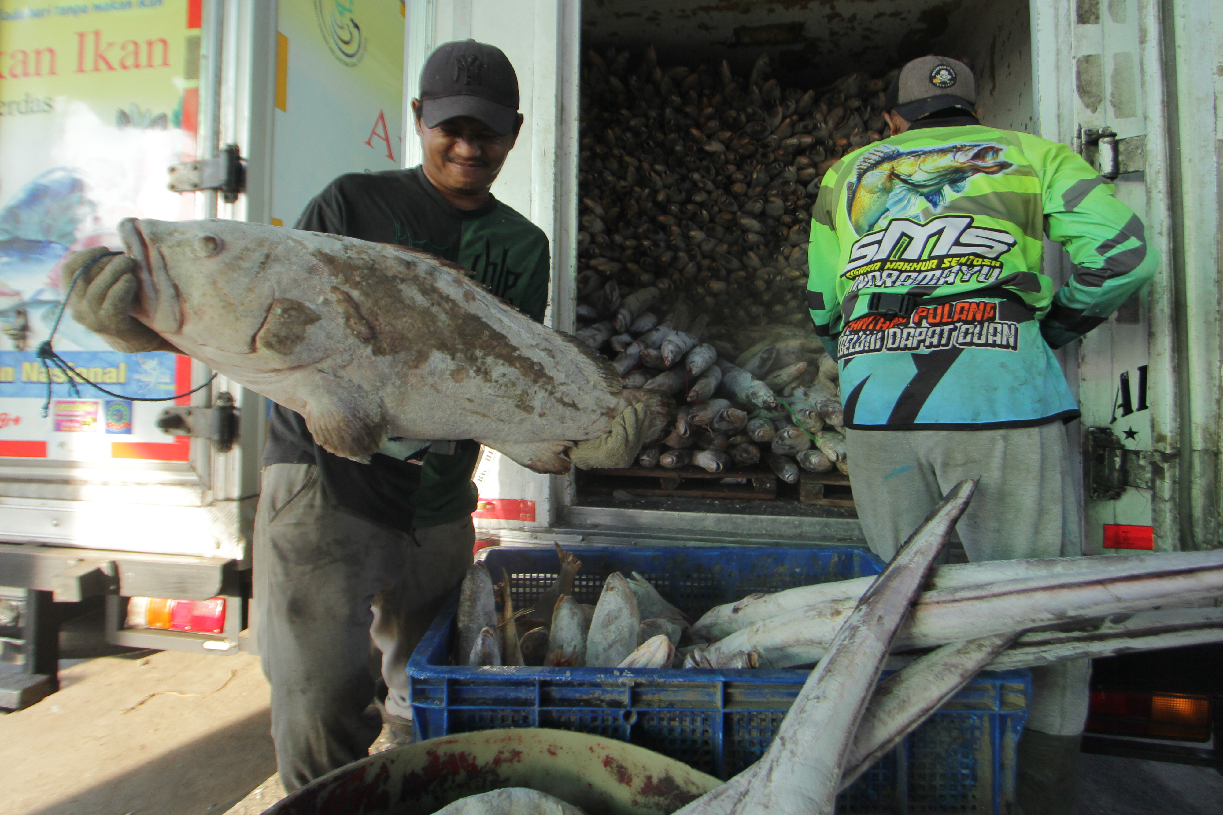 Pekerja mengumpulkan ikan hasil tangkapan nelayan di tempat pelelangan ikan, Karangsong, Indramayu, Jawa Barat, Sabtu (3/10/2020)