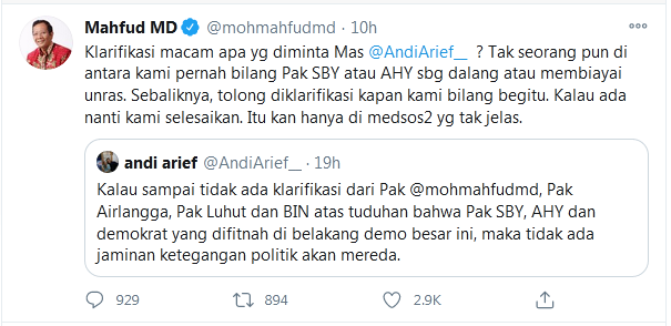 Sebelumnya Andi meminta agar berita yang menuding SBY berada di balik aksi unjuk rasa diluruskan oleh pemerintah.