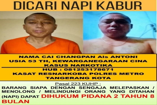 Narapidana Tiongkok yang kabur dari Lapas Kelas 1 Tangerang, Cai Changpan. 