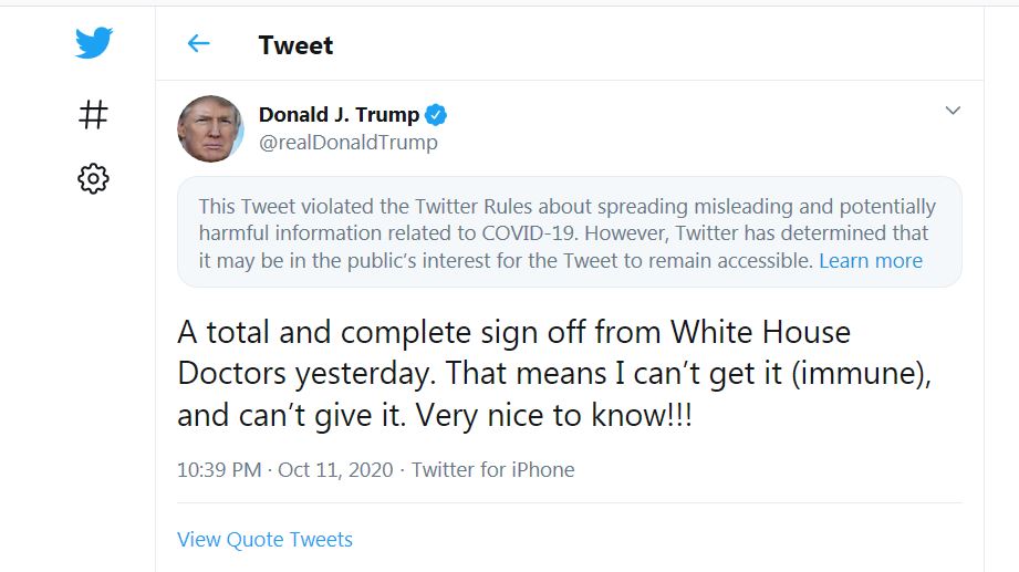 Tangkapan layar cicitan Donald Trump yang ditandai oleh Twitter.