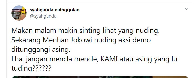 Tangkapan layar cicitan Syahganda Nainggolan di Twitter.