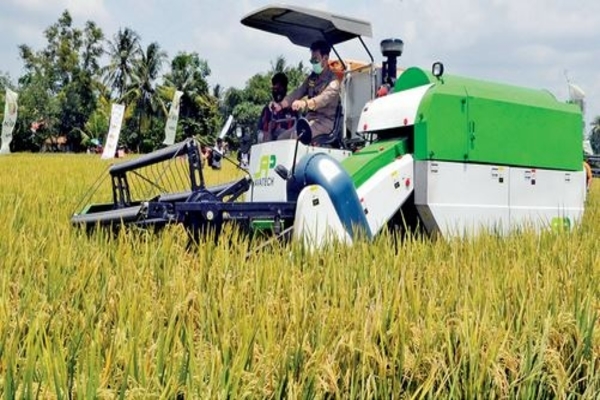 Menteri Pertanian Syahrul Yasin Limpo mengoperasikan mesin pemotong padi saat panen raya di Desa Tempuran, Trimurjo, Lampung, kemarin.