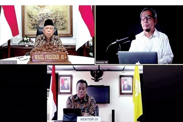 Wapres Ma’ruf Amin, Rektor Universitas Indonesia Ari Kuncoro dan Ketua Dewan Redaksi Media Group Usman Kansong di Jakarta, kemarin.