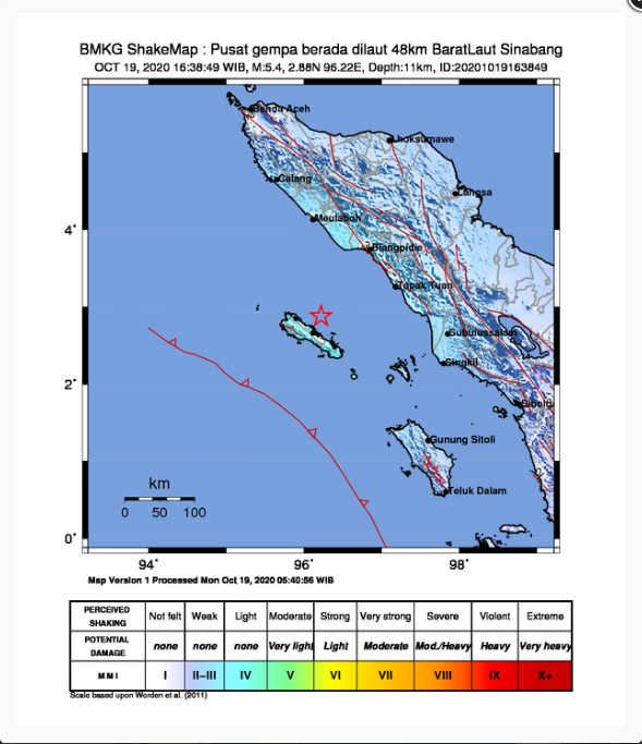 Lokasi gempa di Pulau Simeulue, Aceh, Senin (19/10) sore.