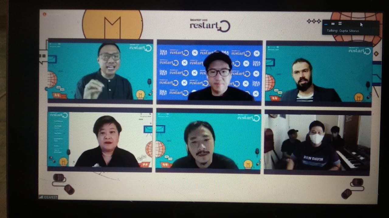 Konferensi pers Ideafest 2020. Ben Soebiakto (atas tengah) bersama para pembicara yang akan mengisi forum tahun ini yang bertema Restart.