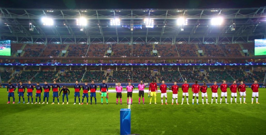 Para pemain Lokomotiv Moscow dan Atletico Madrid bersiap menjelang laga Liga Champions.