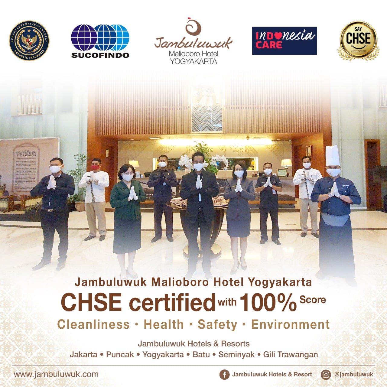 Jambuluwuk Malioboro Hotel di Yogyakarta  berhasil memenuhi persyaratan meraih sertifikasi CHSE dengan nilai 100%.