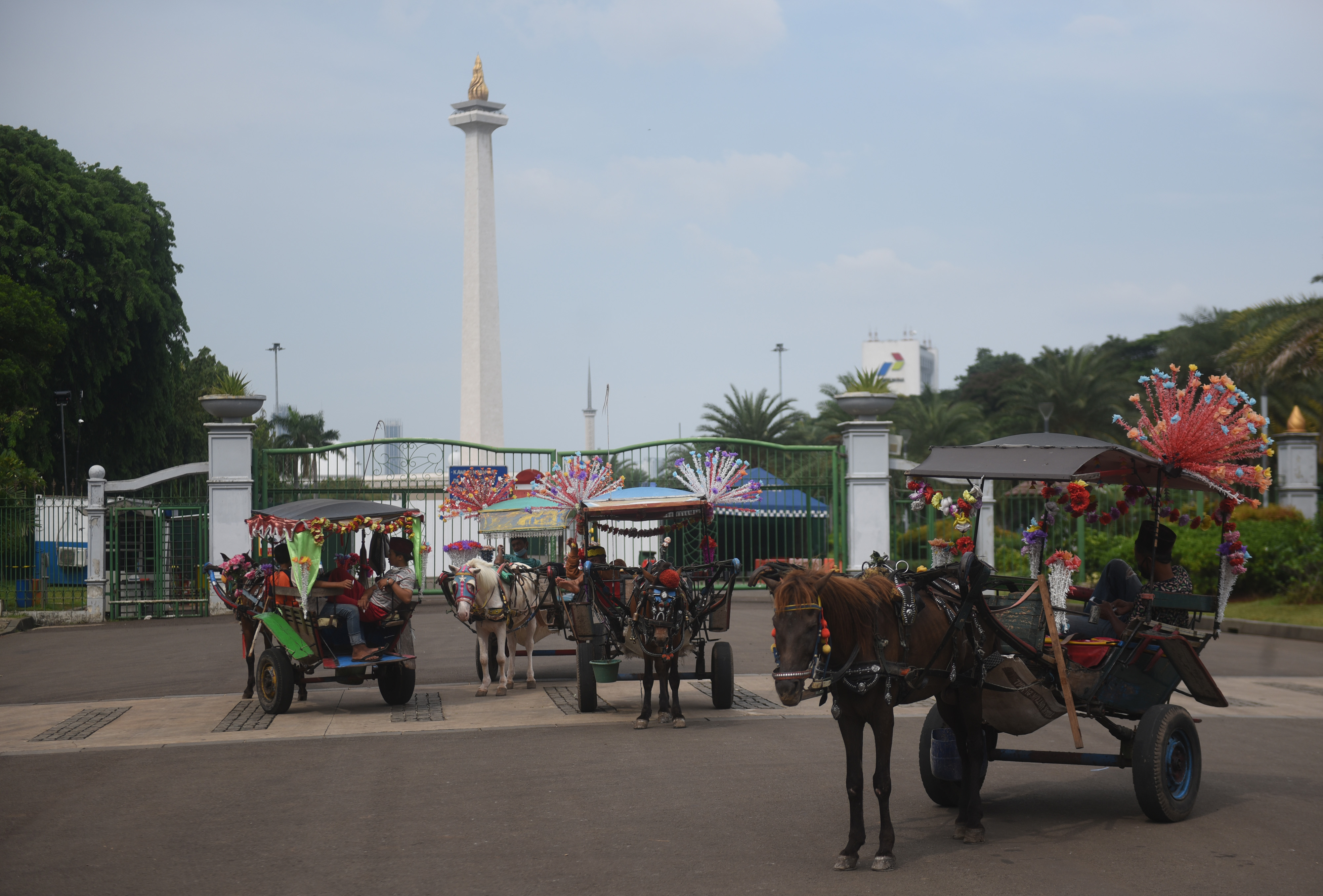 Sejumlah kusir delman menunggu penumpang di kawasan Monas, Jakarta, Kamis (29/10/2020). 