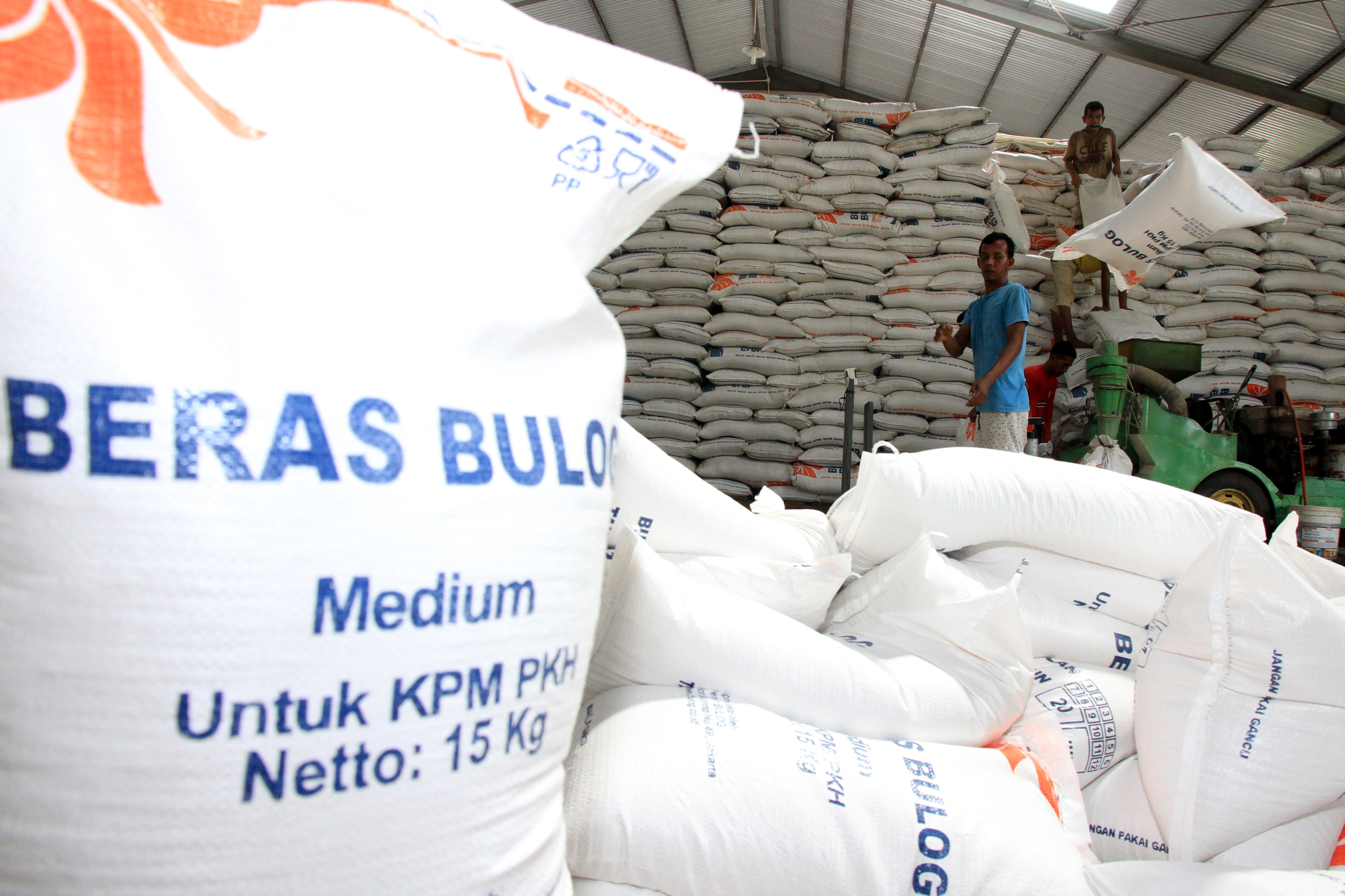 Ilustrasi pekerja yang mengatur stok beras Bulog di gudang.
