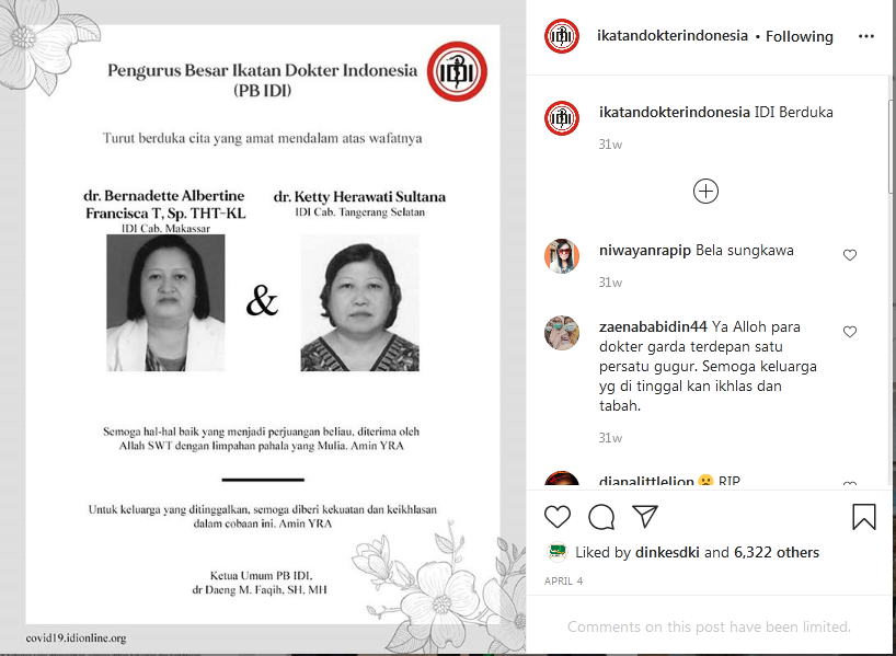 Kabar kematian dokter Ketty Herawati Sultana pada 3 APril 2020.