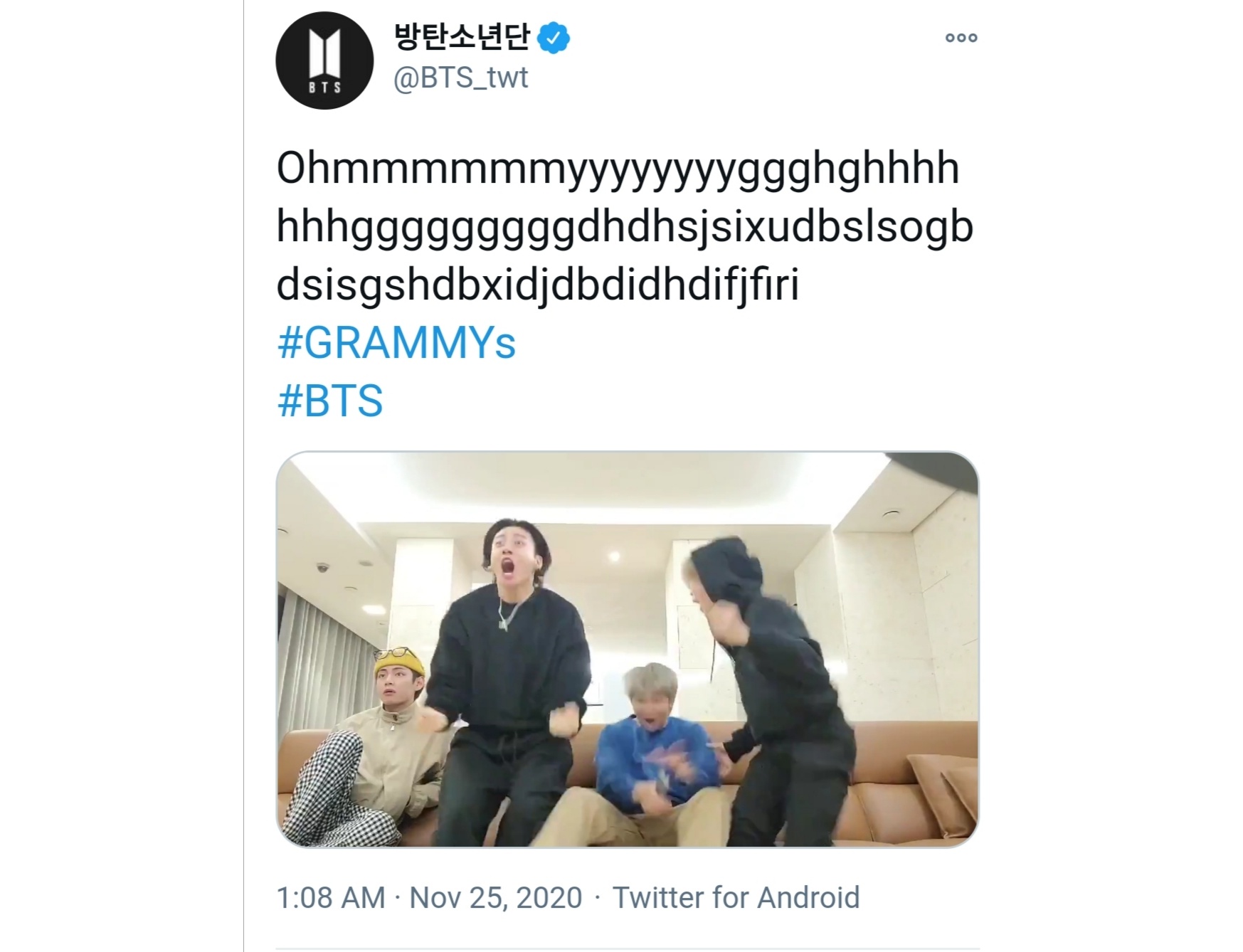 Kegembiraan sebagian anggota BTS saat menyimak pembacaan nominasi Grammy 2021.