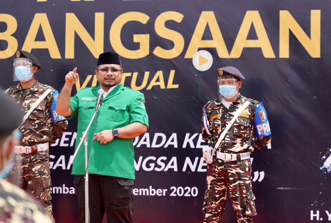 Ketua Umum Pimpinan Pusat GP Ansor Yaqut Cholil Qoumas saat memberikan orasi pada Apel Kebangsaan Virtual, Minggu (29/11).