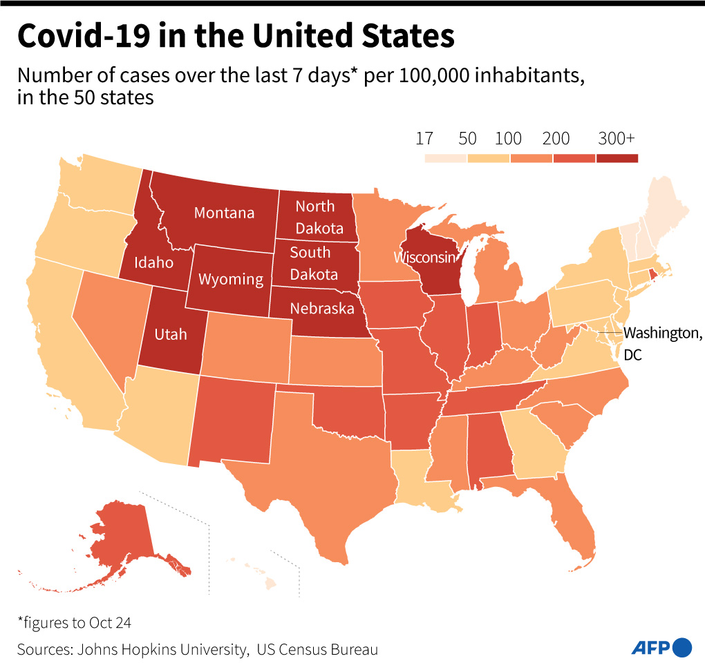 Jumlah Covid-19 kasus selama 7 hari terakhir per 100.000 penduduk menurut negara bagian AS, menurut data dari John Hopkins University