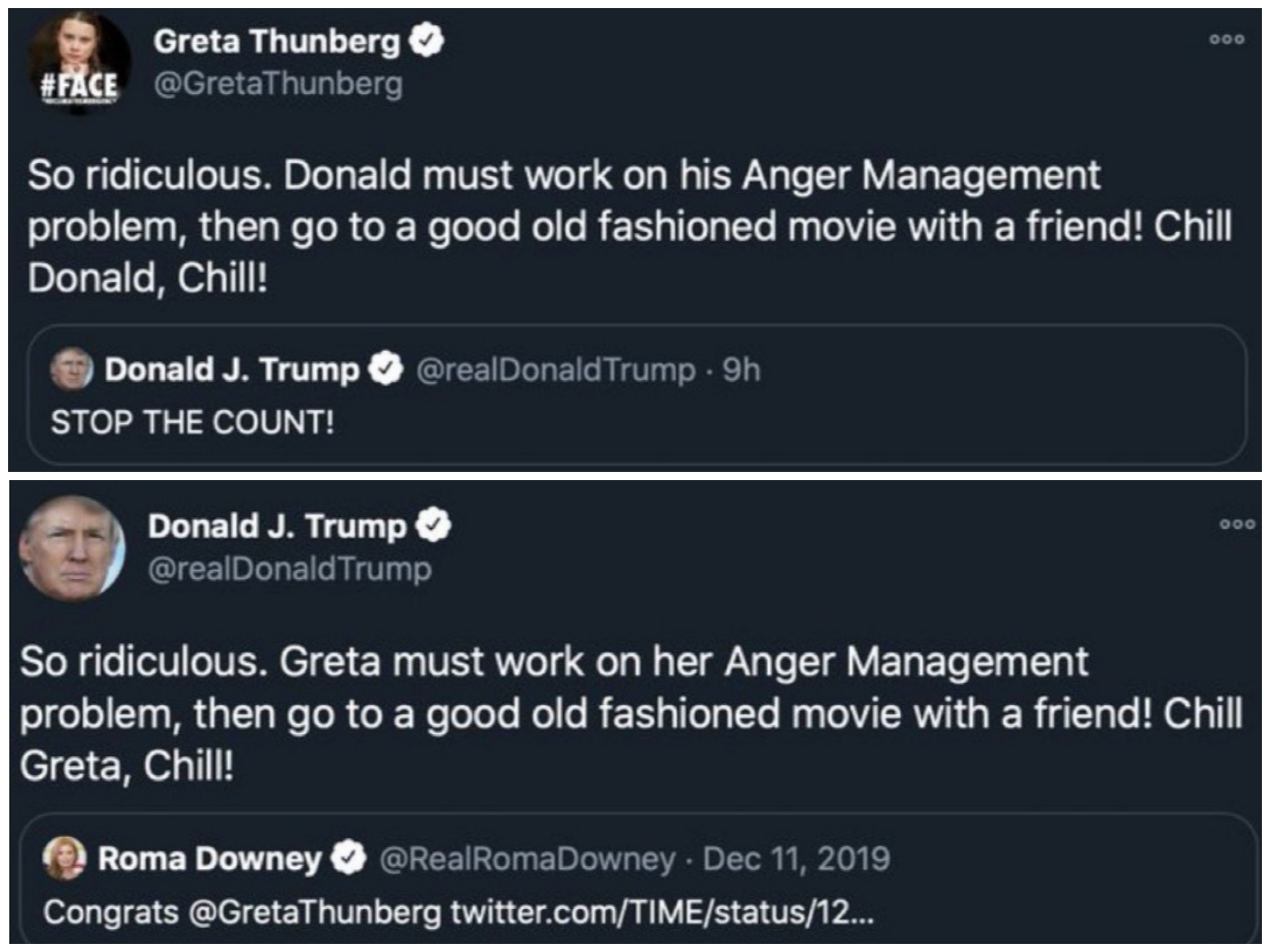 Atas: cuitan Greta Thunberg pada 6 November 2020; bawah: cuitan Donald Trump pada 11 Desember 2019.